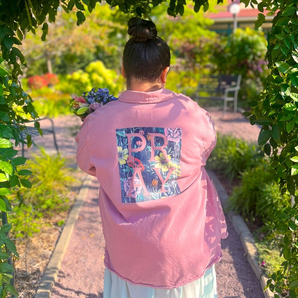 Beautiful pink 1 of a kind custom PRAY Jean jacket size women’s XL